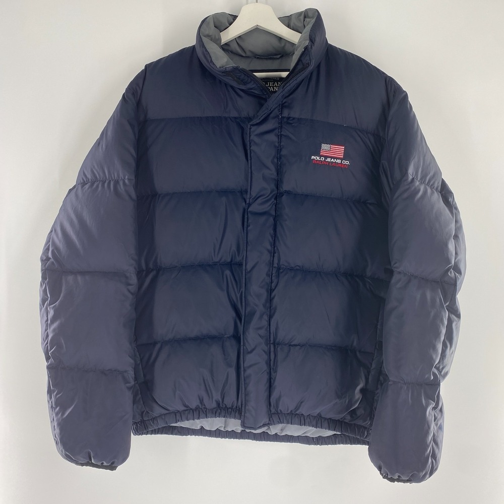 VTG Ralph Lauren Polo Jeans Co. Down Fill Puffer Jacket Navy Blue USA Flag Sz L